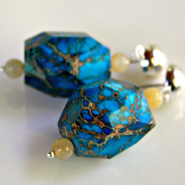 Ocean Blue Earrings - Imperial Jasper Chunky Nugget with Creamy Jade and Sterling Silver by Mei Faith