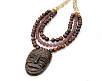 BLOWOUT SALE Exotic STATEMENT Necklace Wooden Mask Pendant Necklace Tigers Eye Beaded Wood Carving Tribal Goddess Ethnic Primitive Mei Faith