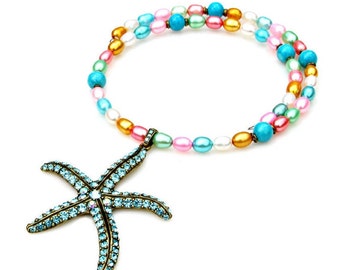 BLOWOUT SALE Blue Starfish Necklace Fresh Water Pearls STATEMENT  Goddess Beach Island Ocean Nautical Wrap Adjustable Choker Mei Faith