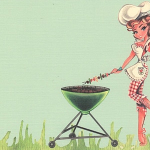 Set de invitación a la barbacoa del 12, 4 de julio, Cute Girl Chef, Girl Grilling, Chef Hat, Green BBQ, Lemonade, Linen Card Stock by MissHollyLu