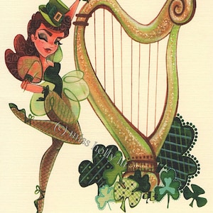Invitation à la fête de la Saint-Pattys, carte de note de la Saint-Patrick, Irish Girl in Green, harpe, trèfles, stock de cartes de lin par MissHollyLu