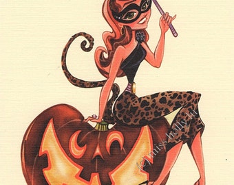 Halloween Card, Halloween Note Card, Girl with Mask on Pumpkin, Leopard Pants, Catgirl, Linen Card Stock by MissHollyLu