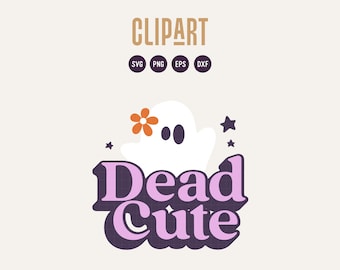 Könnte beinhalten: Ein digitales Grafikdesign mit einem weißen Geist mit einer orangefarbenen Blume, umgeben von kleinen dunkelvioletten Sternen. Unter dem Geist steht der Text Dead CUTE in einer fetten, hellvioletten Schrift mit einem dunkelvioletten Schlagschatten.