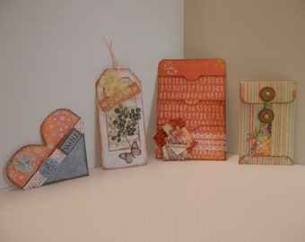 Set of 4 Hand Made Journal Pocket Cards, Heart Shaped Pocket, Junk Journal Ephemera, Coin Envelope