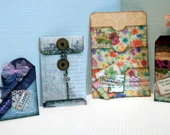 Set of 4 Hand Made Journal Pocket Cards, Heart Shaped Pocket, Junk Journal Ephemera, Coin Envelope