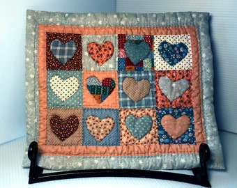 Handmade Mini Heart Block Quilt - 12 Mini Hearts in Blocks - All Hand Pieced and Quilted - 30 Years Old - 100% Cotton