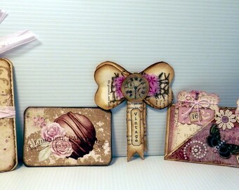 Set of 4 Hand Made Journaling Ephemera - Booklet - Journaling Card - Double Pocket - Bow Book Page Paperclip.
