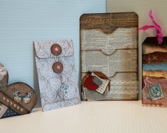 Set of 4 Hand Made Journal Pocket Cards, Heart Shaped Pocket, Junk Journal Ephemera, Coin Envelope