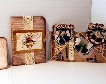 Set of 4 Handmade Journal Ephemera, Journaling Card, Bee Booklet, Double Butterfly Pockets, Double Pocket, Book Page Item