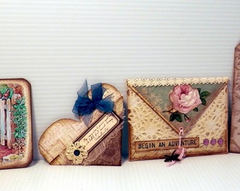 Set of 4 Hand Made Journaling Ephemera, Envelope, Tag, Heart Pocket, Journaling Card