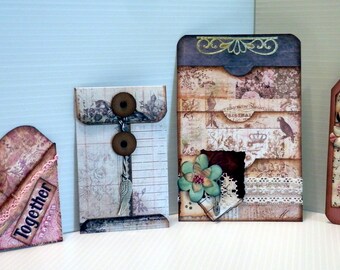 Set of 4 Hand Made Journal Pocket Cards, Heart Shaped Pocket, Junk Journal Ephemera, Coin Envelope