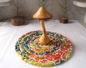 Colorful Batik Coiled Hot Pad, Trivet, Table Mat- Small Round - Handmade by Me, Pink, Green, Yellow