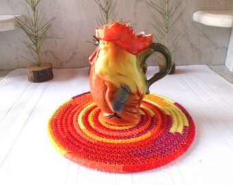 Color Blocked Coiled Table Mat, Trivet or Hot Pad - Small Round, Handmade by Me, Orange, Yellow, Magenta