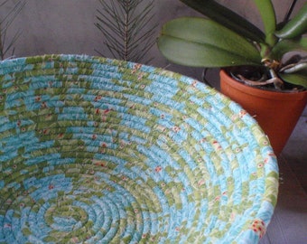 Coiled Fabric Basket - Light Blue and Mossy Green - Organizer, Storage, Handmade by Me, Colorful