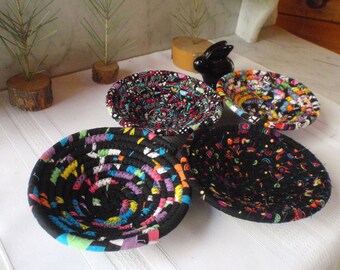 Set of 4 Mini Handmade Coiled Baskets Made With Black Patterned Fabrics