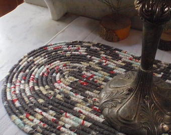 Brown, Tan, Red and Aqua Coiled Table Mat, Hot Pad or Trivet For Your Table - OVAL - Handmade by Me