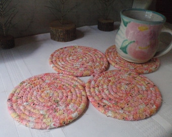 Peachy Pink Coiled Fabric Coasters - Set of 4 - Kitchen, Entertaining, Hostess Gift, Absorbent Coasters