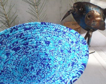 Coiled Fabric Basket - Catchall, Handmade by Me, Dark Blue, Light Blue