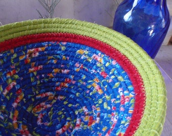 Blue, Red and Lime Green Banded Coiled Fabric Basket - Catchall, Organizer, Handmade by Me