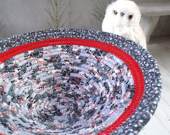 Banded Coiled Fabric Winter Themed Basket - Catchall, Organizer, Handmade by Me, Gray, Black, White, Red