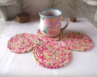 Pink and Green Coasters - Set of 4 for Kitchen, Absorbent Coasters, Handmade by Me