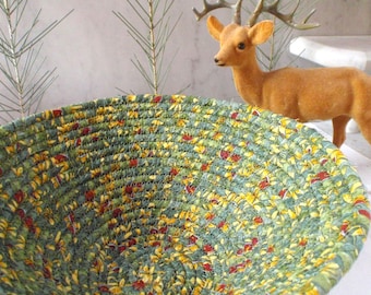 Green, Gold and Red Coiled Fabric Basket - Catchall, Organizer, Handmade by Me
