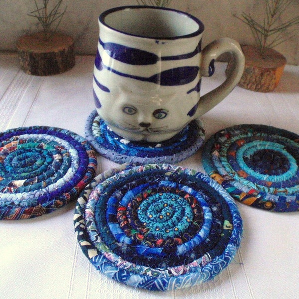 Blue Bohemian Coiled Fabric Coasters - Set of 4, Handmade by Me