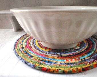 Bohemian Coiled Multicolored Mat, Chair Pad, Hot Pad, Trivet, Placemat - 14 Inch Round