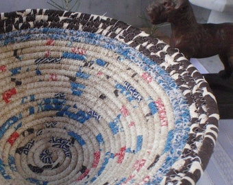 Banded Coiled Fabric Basket - Catchall, Organizer, Handmade by Me, Tan, Denim Blue, Red