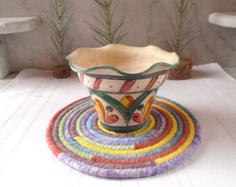 Coiled Fabric Hot Pad, Trivet, Table Mat in Soft Muted Colors - 7 1/2 Inch Round - Handmade by Me