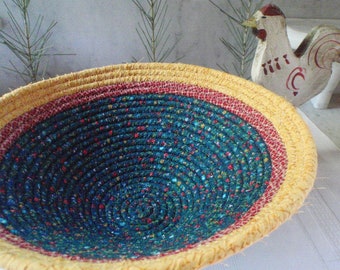 Teal Green, Red and Gold Banded Coiled Fabric Basket - Catchall, Organizer, Handmade by Me