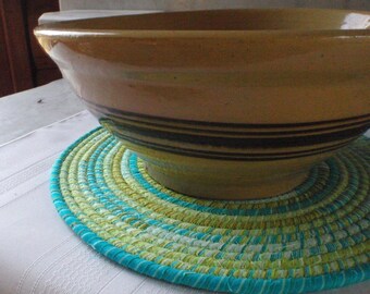 Coiled Fabric Table Mat, Hot Pad or Trivet - 12 Inch Round, Handmade by Me, Blue, Green, Yellow