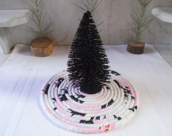 Light Gray, Pink and Black Coiled Table Mat, Trivet or Hot Pad - Small Round, Handmade by Me