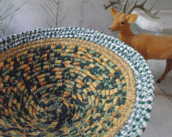 Banded Coiled Fabric Basket - Catchall, Organizer, Handmade by Me, Green, Gold