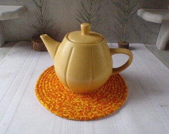 Orange and Yellow Coiled Table Mat, Trivet or Hot Pad - Small Round, Handmade by Me