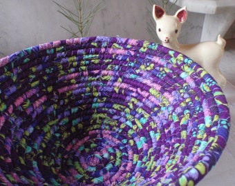 Purple, Pink, Lime Green Coiled Fabric Basket - Catchall, Organizer, Handmade by Me