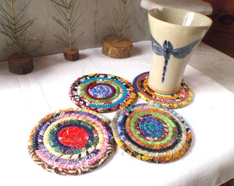 Multicolored Bohemian Coiled Coasters - Set of 4 - Handmade by Me, Absorbent Coasters