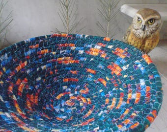 Coiled Fabric Basket - Dark Teal Blue, Bright Orange - Handmade by Me