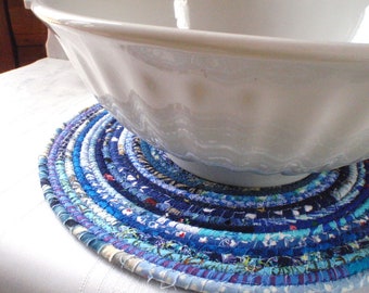 Blue Bohemian Coiled Mat, Chair Pad, Hot Pad, Trivet, Placemat - 14 INCH ROUND, Handmade by Me