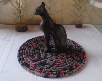 Coiled Fabric Table Mat, Trivet or Hot Pad - Black, Mauve, Red, Small Round, Handmade by Me