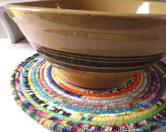 Bohemian Coiled Multicolored Mat, Chair Pad, Hot Pad, Trivet - 12 Inch Round - Handmade by Me
