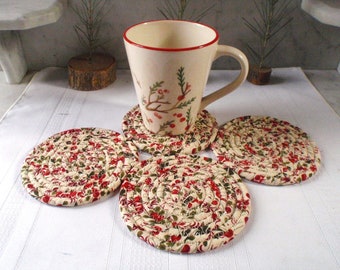 Coiled Fabric Coasters With Red Berries - Set of 4 - Handmade by Me, Entertaining, Red, Green, Cream