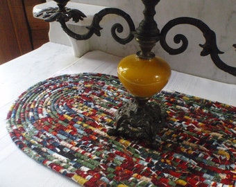 Maroon, Gold and Green Coiled Table Mat, Hot Pad or Trivet For Your Table - OVAL - Handmade by Me