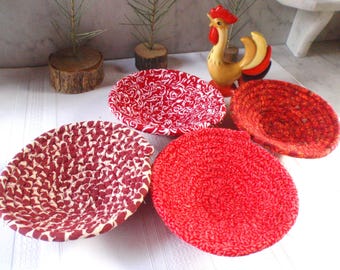 Set of 4 Mini Handmade Coiled Baskets Made With Red Fabrics