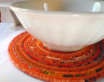 Bohemian Coiled Orange Mat, Chair Pad, Hot Pad, Trivet, Placemat - 14 Inch Round