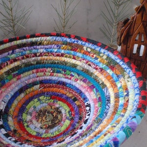 Gypsy - Round Coiled Bohemian Basket, Colorful, Hippie, Boho, Scrappy Basket, Handmade Fabric Bowl