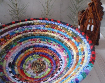 Gypsy - Round Coiled Bohemian Basket, Colorful, Hippie, Boho, Scrappy Basket, Handmade Fabric Bowl