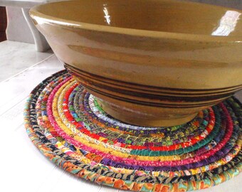 Bohemian Coiled Multicolored Mat, Chair Pad, Hot Pad, Trivet - 12 Inch Round - Handmade by Me