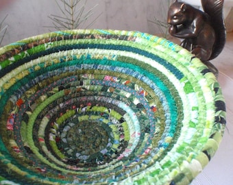 Green Gypsy Coiled Fabric Basket - Bohemian, Boho, Hippie, Colorful, Handmade Fabric Bowl, Catchall