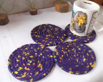 Purple, Yellow and Orange Coiled Batik Fabric Coasters - Set of 4 for Kitchen, Absorbent Coasters, Handmade by Me